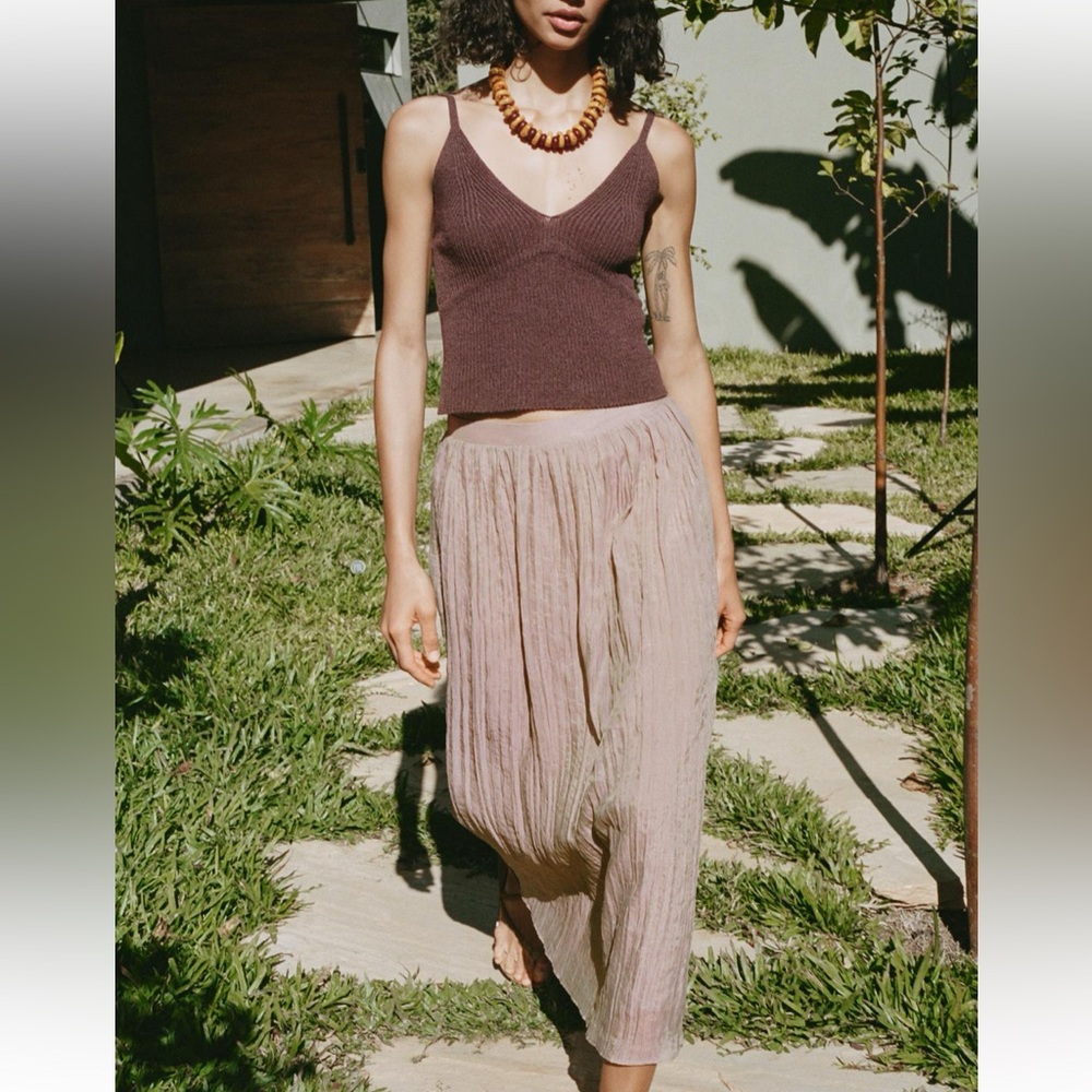 Zara NWT dusty pale pink elastic waistband wrinkle effect midi skirt - Picture 4 of 9